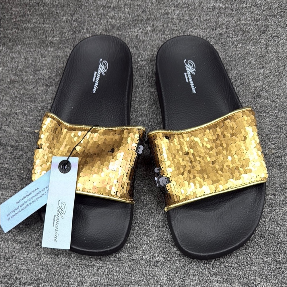 Blumarine Women's Gold and/or black Sequin Slide Sandals